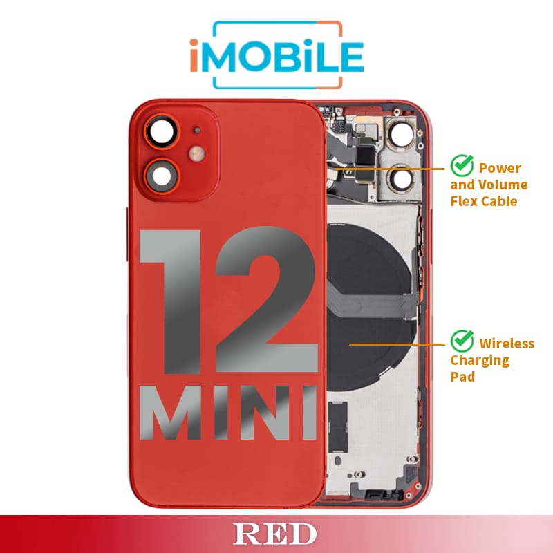 iPhone 12 Mini Compatible Back Housing [with Power and Volume Flex] [A+] [Red]