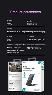 TOTU [CACW-075] 3 in 1 Aluminum Alloy Foldable Magnetic Wireless Charger, 18W