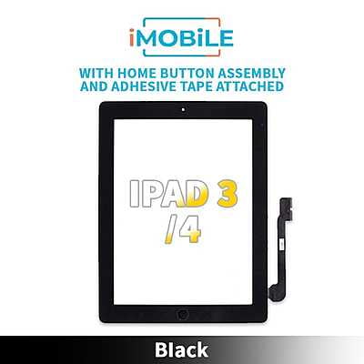 iPad 3 / iPad 4 (9.7 Inch) Compatible Touch Digitizer Screen With Home Button Assembly and Adhesive Tape Attached [Black]