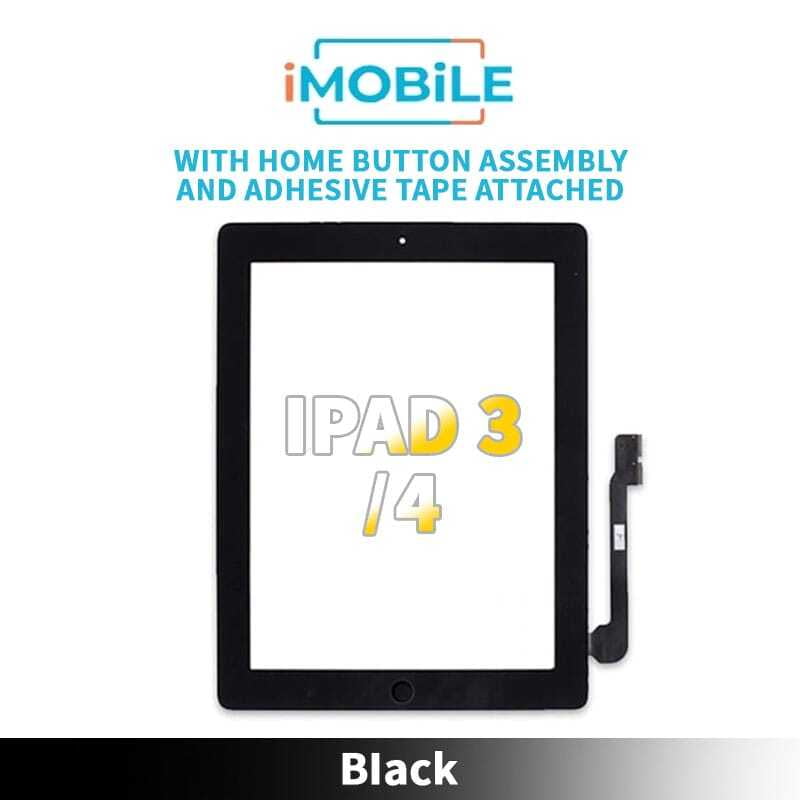iPad 3 / iPad 4 (9.7 Inch) Compatible Touch Digitizer Screen With Home Button Assembly and Adhesive Tape Attached [Black]