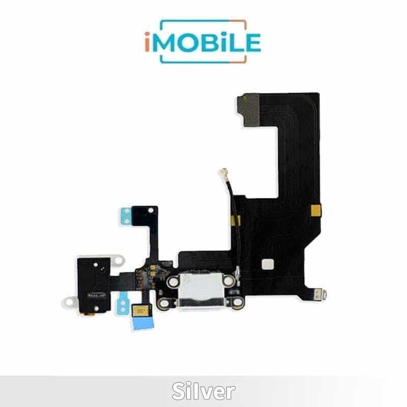 iPhone 5 Compatible Charging Port Earphone Port Flex Cable With Microphone [Silver]